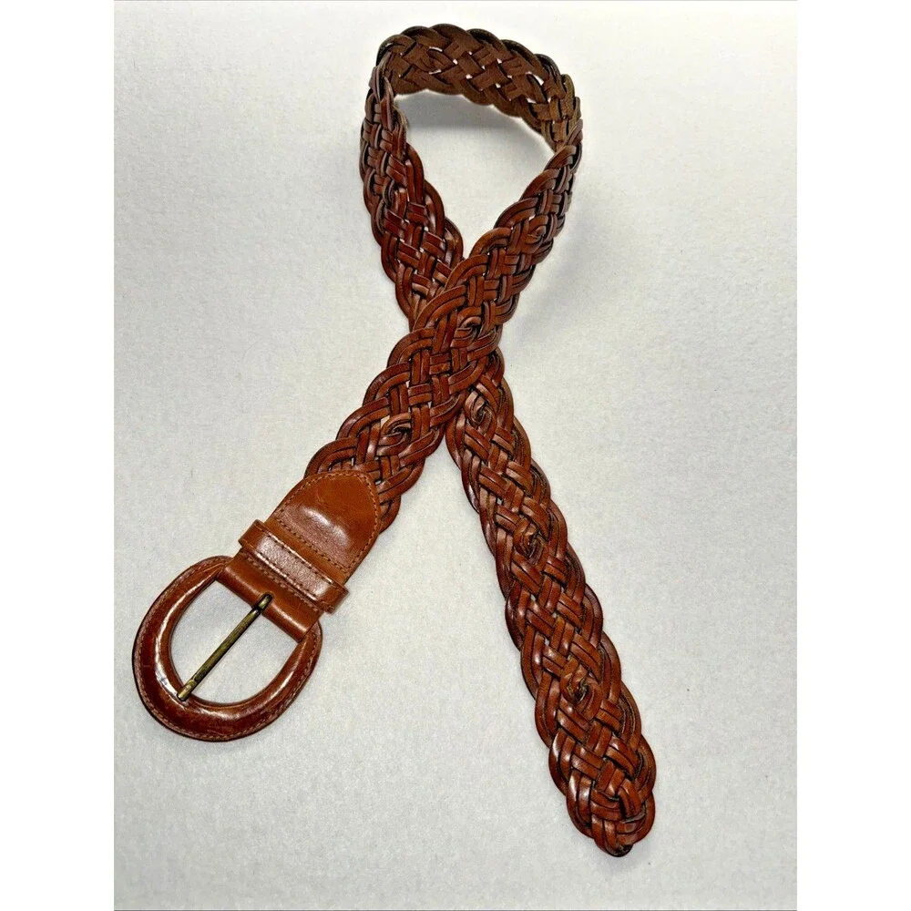 Genuine Leather Braided Belt Brown Woven Adjustable Size Medium Unisex Vintage